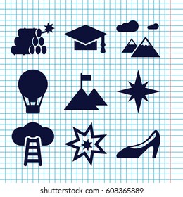 Set of 9 high filled icons such as graduation cap, woman shoe, mountain, dynamite, explosion, flag on mountain, ladder to the sky