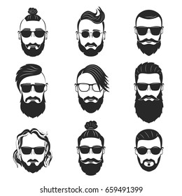 Set of 9 hipsters bearded men with different hairstyles, mustaches, beards isolated on white background. Vector illustration