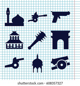 Set of 9 historic filled icons such as mosque, Arc de Triomphe, temple, mace, cannon