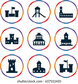 set of 9 historical filled icons such as castle