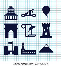 Set of 9 history filled icons such as castle, pyramid, arc de triomphe, temple, baloon, feather and paper