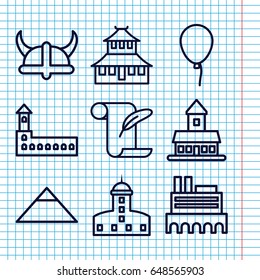 Set of 9 history outline icons such as castle, pyramid, temple, baloon, feather and paper