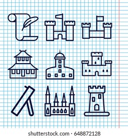 Set of 9 history outline icons such as castle, temple, feather and paper