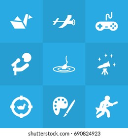 Set Of 9 Hobbie Icons Set.Collection Of Telescope, Paper Figure, Rod And Other Elements.