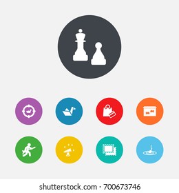 Set Of 9 Hobbie Icons Set.Collection Of Target, Checkmate, Playing And Other Elements.