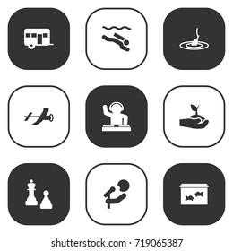 Set Of 9 Hobbie Icons Set.Collection Of Singer, Fish, Frogman And Other Elements.