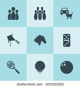 Set of 9 hobby filled icons such as horse, car shop, bowling, domino, golf ball, tennis racket