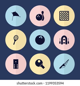 Set of 9 hobby filled icons such as domino, chess board, fishing rod, tennis rocket, bowling, table tennis, kite, bowling ball