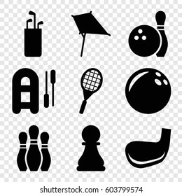 Set of 9 hobby filled icons such as kite, tennis rocket, chess pawn, bowling, golf stick, bowling ball, inflatable boat