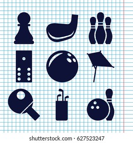 Set of 9 hobby filled icons such as kite, chess pawn, bowling, golf club, table tennis, domino, bowling ball