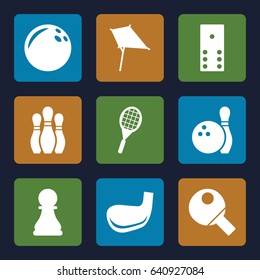 Set of 9 hobby filled icons such as kite, tennis rocket, chess pawn, bowling, golf stick, table tennis, domino