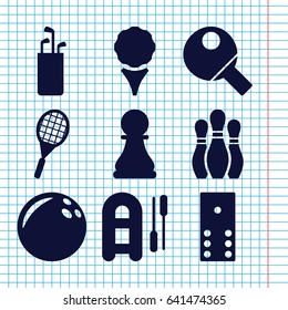 Set of 9 hobby filled icons such as tennis rocket, chess pawn, table tennis, bowling, domino, bowling ball, inflatable boat, golf