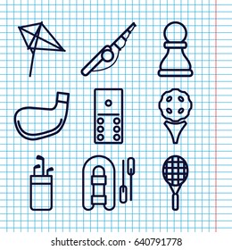 Set of 9 hobby outline icons such as kite, tennis rocket, chess pawn, golf stick, domino, fishing rod, inflatable boat, golf