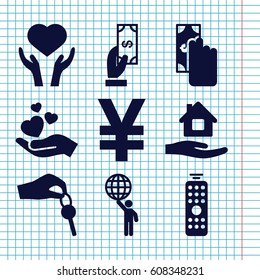 Set of 9 hold filled icons such as Payment, home care, heart on hand, hand holding heart, hand with key, remote control, man holding globe, cash payment