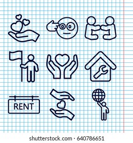 Set of 9 holding outline icons such as hands holding heart, home repair, rent tag, head bang emot, man with flag