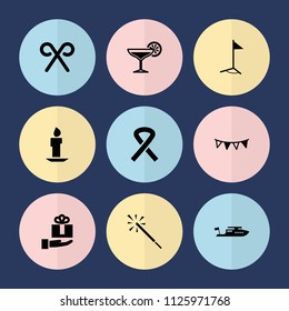 Set of 9 holiday filled icons such as boat, party flag, candy cane, ribbon, cocktail, flag, gift on hand, candle