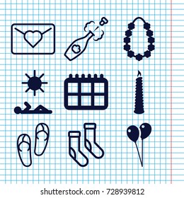 Set of 9 holiday filled and outline icons such as balloon, garland, candle, man laying in sun, flip flops, socks, champagne, calendar