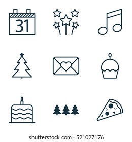 Set Of 9 Holiday Icons. Can Be Used For Web, Mobile, UI And Infographic Design. Includes Elements Such As Celebrate, Slice, Envelope And More.