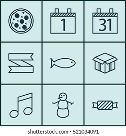 Set Of 9 Holiday Icons. Can Be Used For Web, Mobile, UI And Infographic Design. Includes Elements Such As Candy, Banner, Christmas And More.