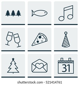 Set Of 9 Holiday Icons. Can Be Used For Web, Mobile, UI And Infographic Design. Includes Elements Such As Note, Clink, Glasses And More.