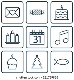 Set Of 9 Holiday Icons. Can Be Used For Web, Mobile, UI And Infographic Design. Includes Elements Such As Birthday, Cake, Fish And More.