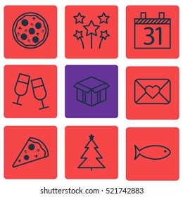 Set Of 9 Holiday Icons. Can Be Used For Web, Mobile, UI And Infographic Design. Includes Elements Such As Fish, Festive, Celebration And More.