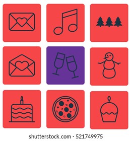 Set Of 9 Holiday Icons. Can Be Used For Web, Mobile, UI And Infographic Design. Includes Elements Such As Musical, Tree, Email And More.