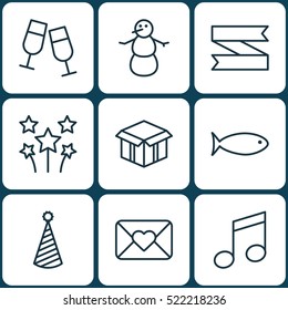 Set Of 9 Holiday Icons. Can Be Used For Web, Mobile, UI And Infographic Design. Includes Elements Such As Celebrating, Banner, Musical And More.
