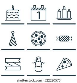 Set Of 9 Holiday Icons. Can Be Used For Web, Mobile, UI And Infographic Design. Includes Elements Such As Birthday, Christmas, Celebrate And More.