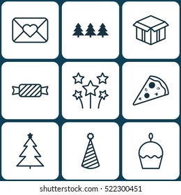 Set Of 9 Holiday Icons. Can Be Used For Web, Mobile, UI And Infographic Design. Includes Elements Such As Muffin, Cake, Envelope And More.