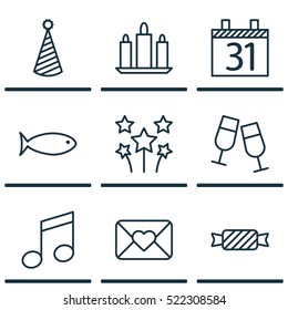 Set Of 9 Holiday Icons. Can Be Used For Web, Mobile, UI And Infographic Design. Includes Elements Such As Envelope, Calendar, Glasses And More.