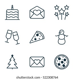 Set Of 9 Holiday Icons. Can Be Used For Web, Mobile, UI And Infographic Design. Includes Elements Such As Pizzeria, Pizza, Email And More.