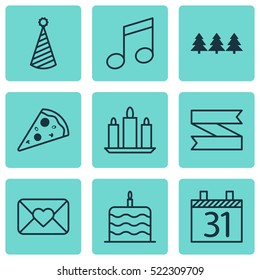 Set Of 9 Holiday Icons. Can Be Used For Web, Mobile, UI And Infographic Design. Includes Elements Such As Musical, Celebrate, Tree And More.