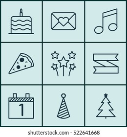 Set Of 9 Holiday Icons. Can Be Used For Web, Mobile, UI And Infographic Design. Includes Elements Such As Party, Agenda, Cake And More.
