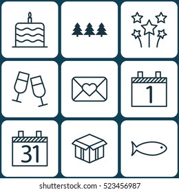 Set Of 9 Holiday Icons. Can Be Used For Web, Mobile, UI And Infographic Design. Includes Elements Such As Month, Celebration, Box And More.
