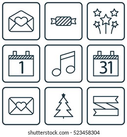 Set Of 9 Holiday Icons. Can Be Used For Web, Mobile, UI And Infographic Design. Includes Elements Such As Greeting, Blank, Agenda And More.