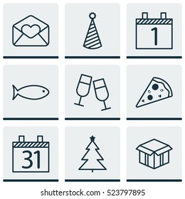 Set Of 9 Holiday Icons. Can Be Used For Web, Mobile, UI And Infographic Design. Includes Elements Such As Piece, Box, Calendar And More.