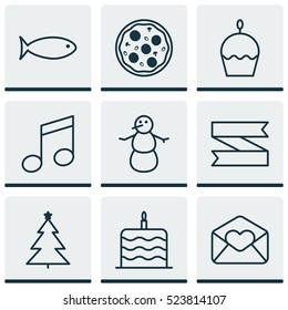 Set Of 9 Holiday Icons. Can Be Used For Web, Mobile, UI And Infographic Design. Includes Elements Such As Greeting, Aquatic, Winter And More.