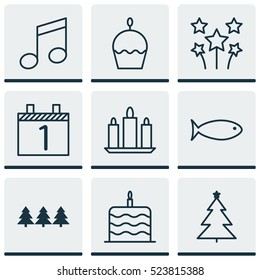 Set Of 9 Holiday Icons. Can Be Used For Web, Mobile, UI And Infographic Design. Includes Elements Such As Festive, Calendar, Celebrate And More.