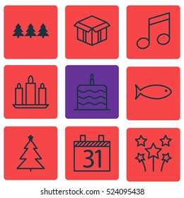 Set Of 9 Holiday Icons. Can Be Used For Web, Mobile, UI And Infographic Design. Includes Elements Such As Fish, Musical, Firework And More.