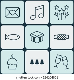 Set Of 9 Holiday Icons. Can Be Used For Web, Mobile, UI And Infographic Design. Includes Elements Such As Music, Box, Celebration And More.