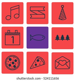 Set Of 9 Holiday Icons. Can Be Used For Web, Mobile, UI And Infographic Design. Includes Elements Such As Note, Musical, Pizza And More.