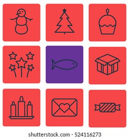 Set Of 9 Holiday Icons. Can Be Used For Web, Mobile, UI And Infographic Design. Includes Elements Such As Close, Firework, Festive And More.
