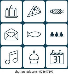 Set Of 9 Holiday Icons. Can Be Used For Web, Mobile, UI And Infographic Design. Includes Elements Such As Tree, Muffin, Cupcake And More.