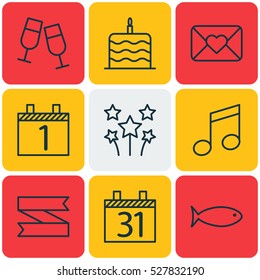 Set Of 9 Holiday Icons. Can Be Used For Web, Mobile, UI And Infographic Design. Includes Elements Such As Fishing, Festive Fireworks, Date And More.