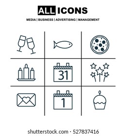 Set Of 9 Holiday Icons. Can Be Used For Web, Mobile, UI And Infographic Design. Includes Elements Such As Champagne Glasses, Birthday Cake, Festive Fireworks And More.