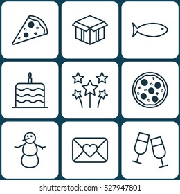 Set Of 9 Holiday Icons. Can Be Used For Web, Mobile, UI And Infographic Design. Includes Elements Such As Sliced Pizza, Pizza Meal, Fishing And More.