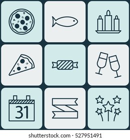 Set Of 9 Holiday Icons. Can Be Used For Web, Mobile, UI And Infographic Design. Includes Elements Such As Sweet, Sliced Pizza, Fishing And More.