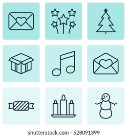 Set Of 9 Holiday Icons. Can Be Used For Web, Mobile, UI And Infographic Design. Includes Elements Such As Wax, Open Cardboard, Festive Fireworks And More.