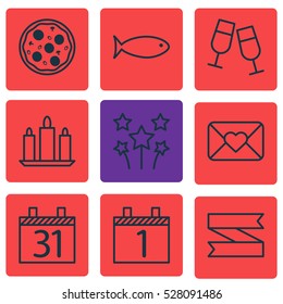 Set Of 9 Holiday Icons. Can Be Used For Web, Mobile, UI And Infographic Design. Includes Elements Such As Wax, Agenda, Champagne Glasses And More.